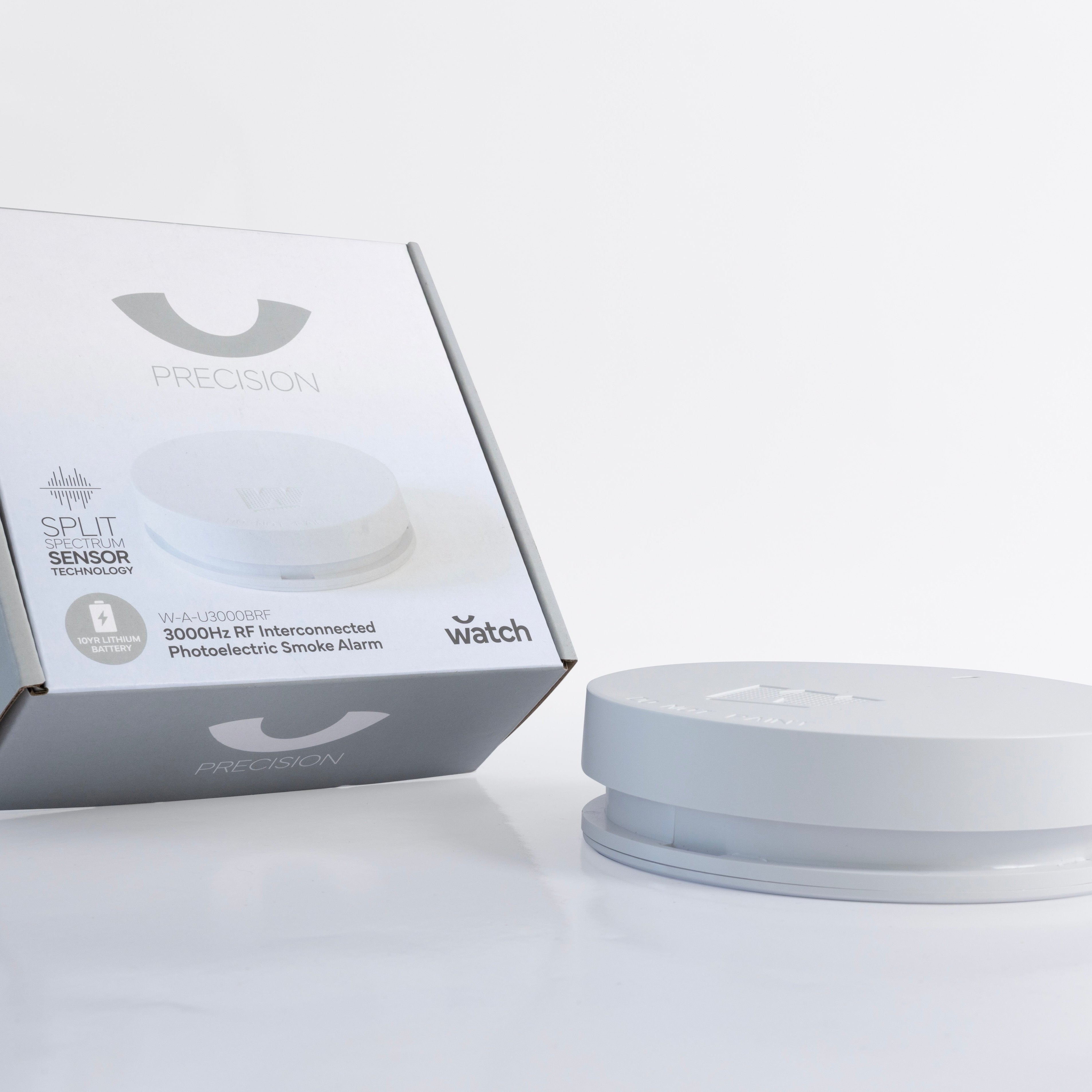 White smoke alarm with packaging on a white background